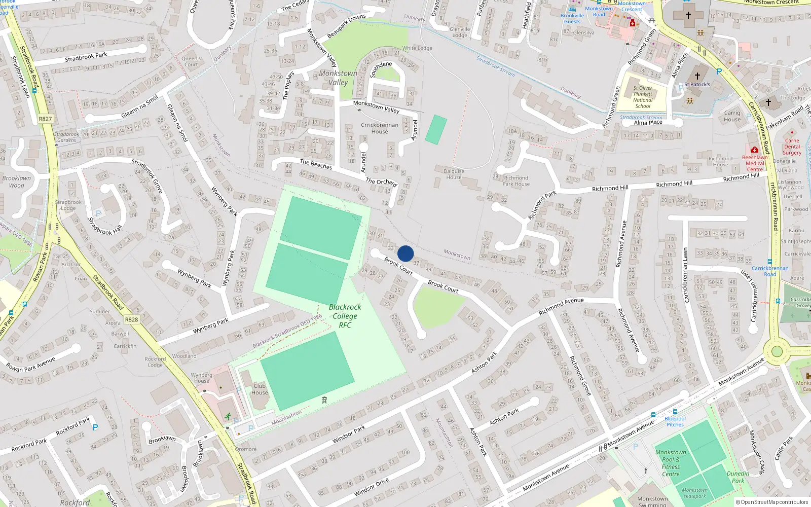 Overhead map showing the location of 35 Brook Court, Monkstown