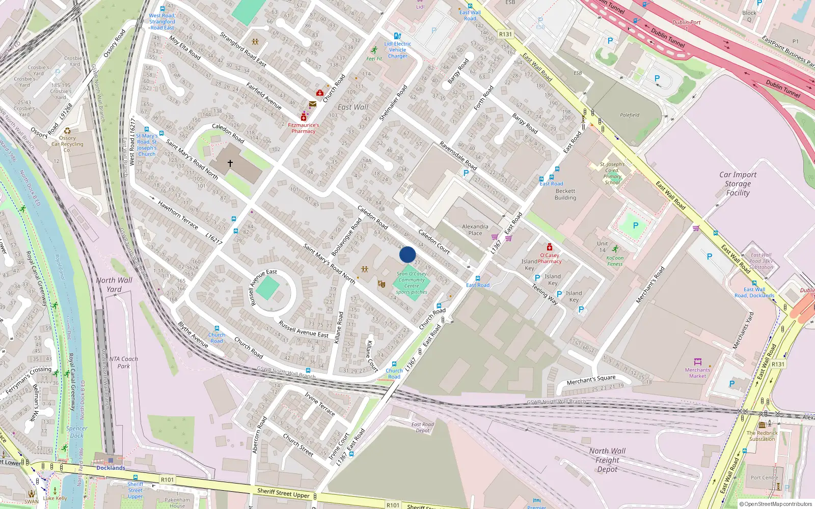 Overhead map showing the location of 35 Caledon Road, East Wall, Dublin 3