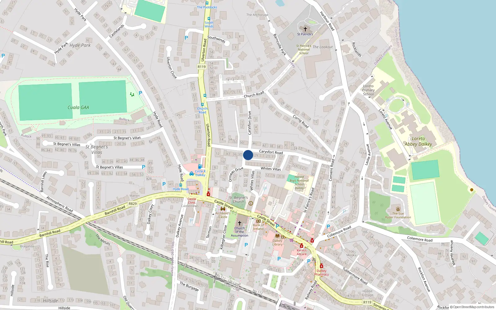 Overhead map showing the location of 35 Carysfort Road, Dalkey