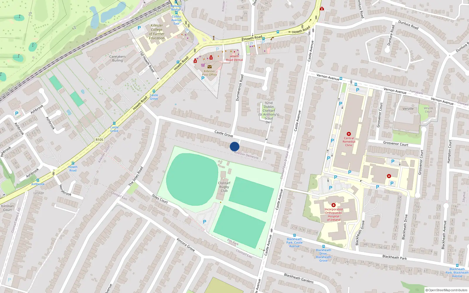Overhead map showing the location of 35 Castle Grove, Clontarf, Dublin 3