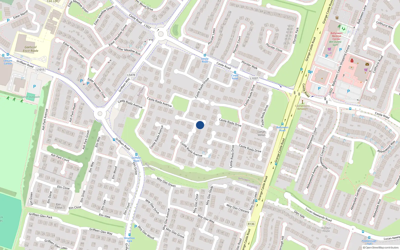 Overhead map showing the location of 35 Castle Riada Grove, Lucan