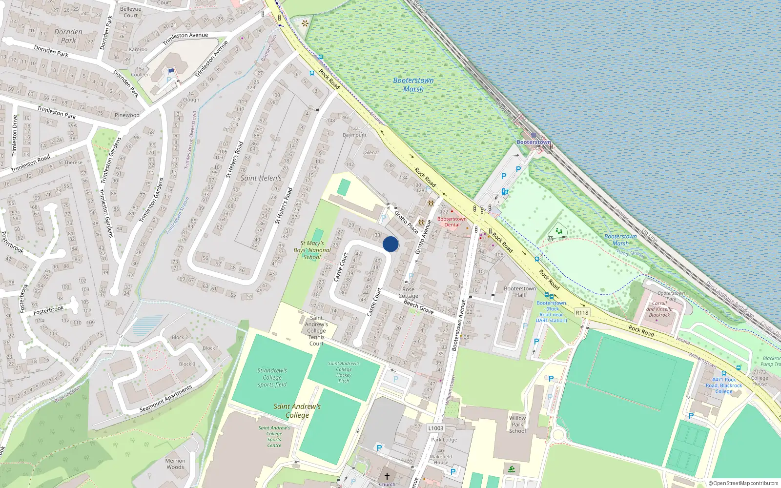 Overhead map showing the location of 35 Castlecourt, Booterstown, Blackrock