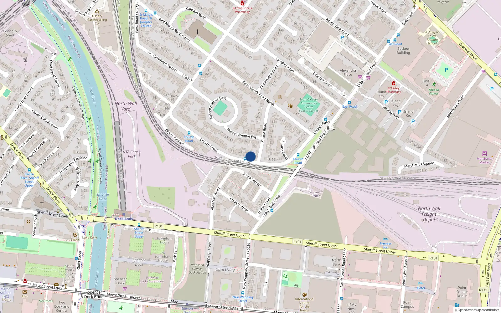 Overhead map showing the location of 35 Church Road, East Wall, Dublin 3