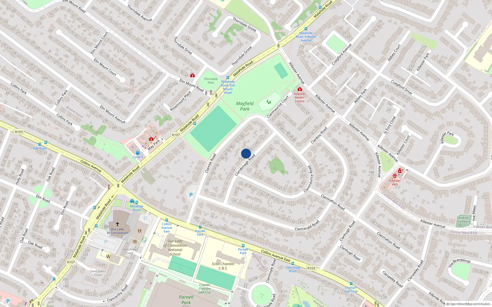 Overhead map showing the location of 35 Clandonagh Road Donnycarney, Dublin 5, Dublin
