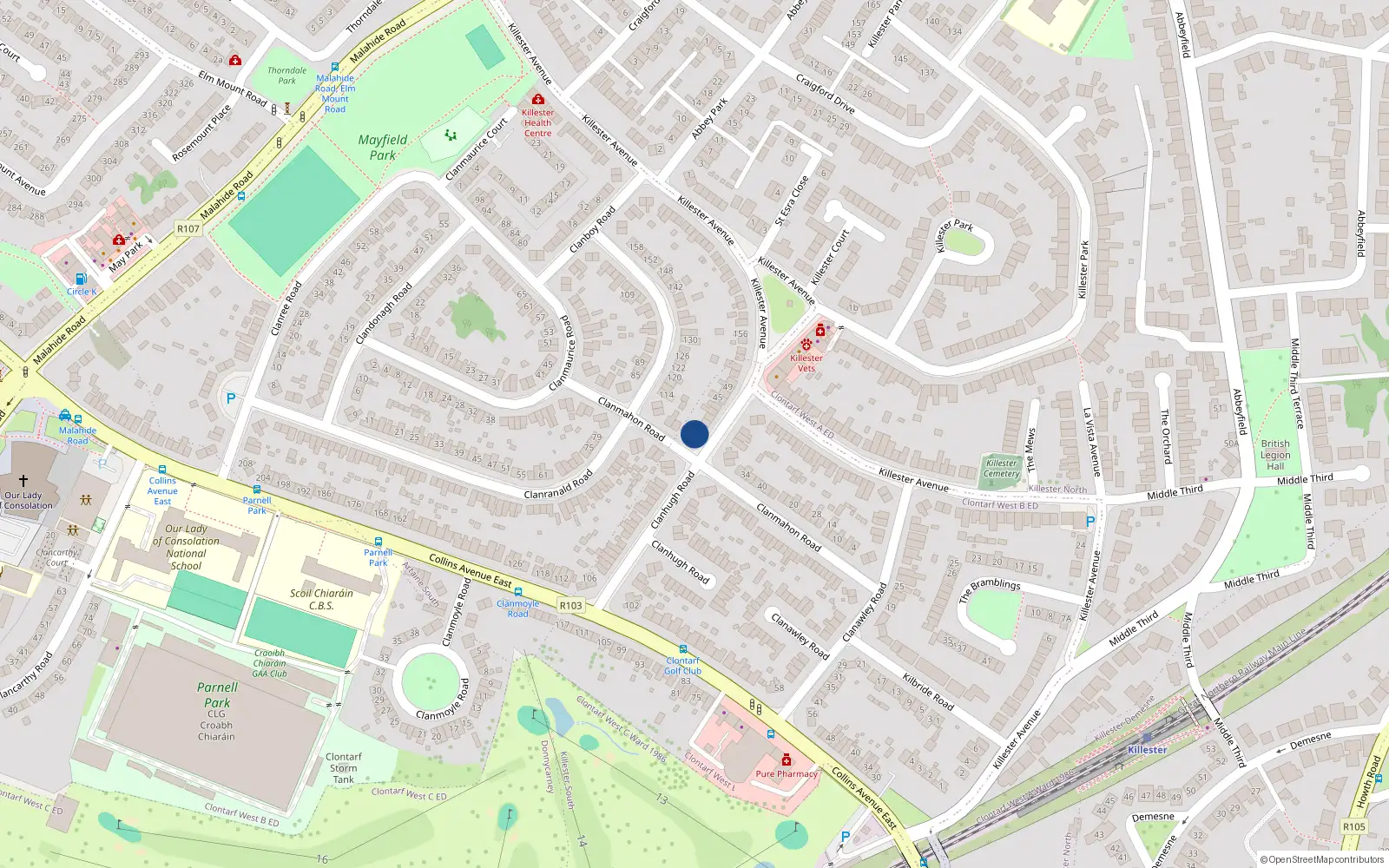 Overhead map showing the location of 35 Clanhugh Road, Dublin 5