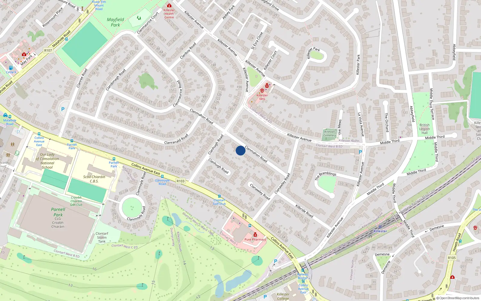 Overhead map showing the location of 35 Clanmahon Road, Donnycarney, Dublin 5