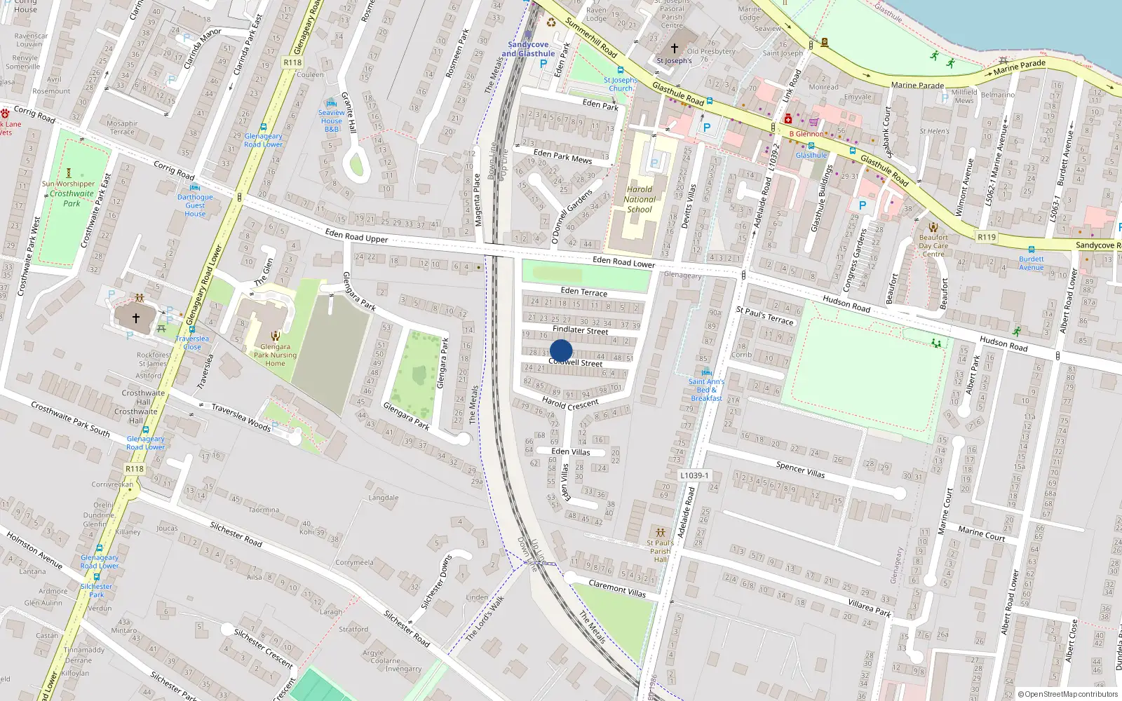 Overhead map showing the location of 35 Coldwell St, Glasthule, Sandycove