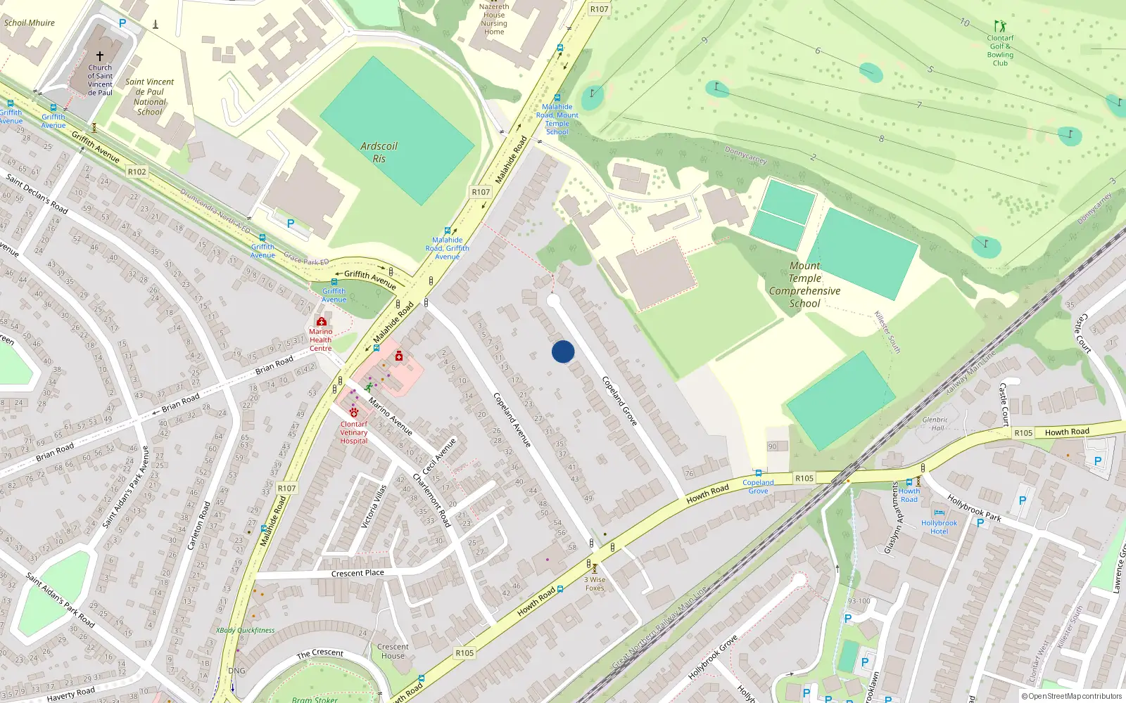 Overhead map showing the location of 35 Copeland Grove, Clontarf, Dublin 3