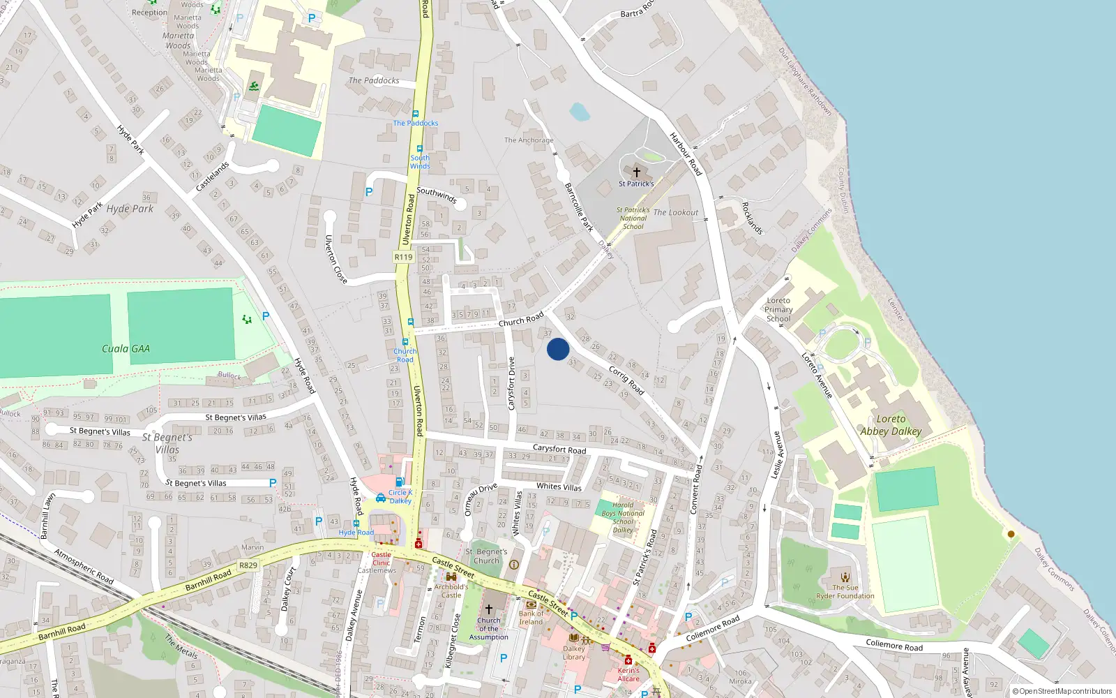 Overhead map showing the location of 35 Corrig Road, Dalkey, Co Dublin