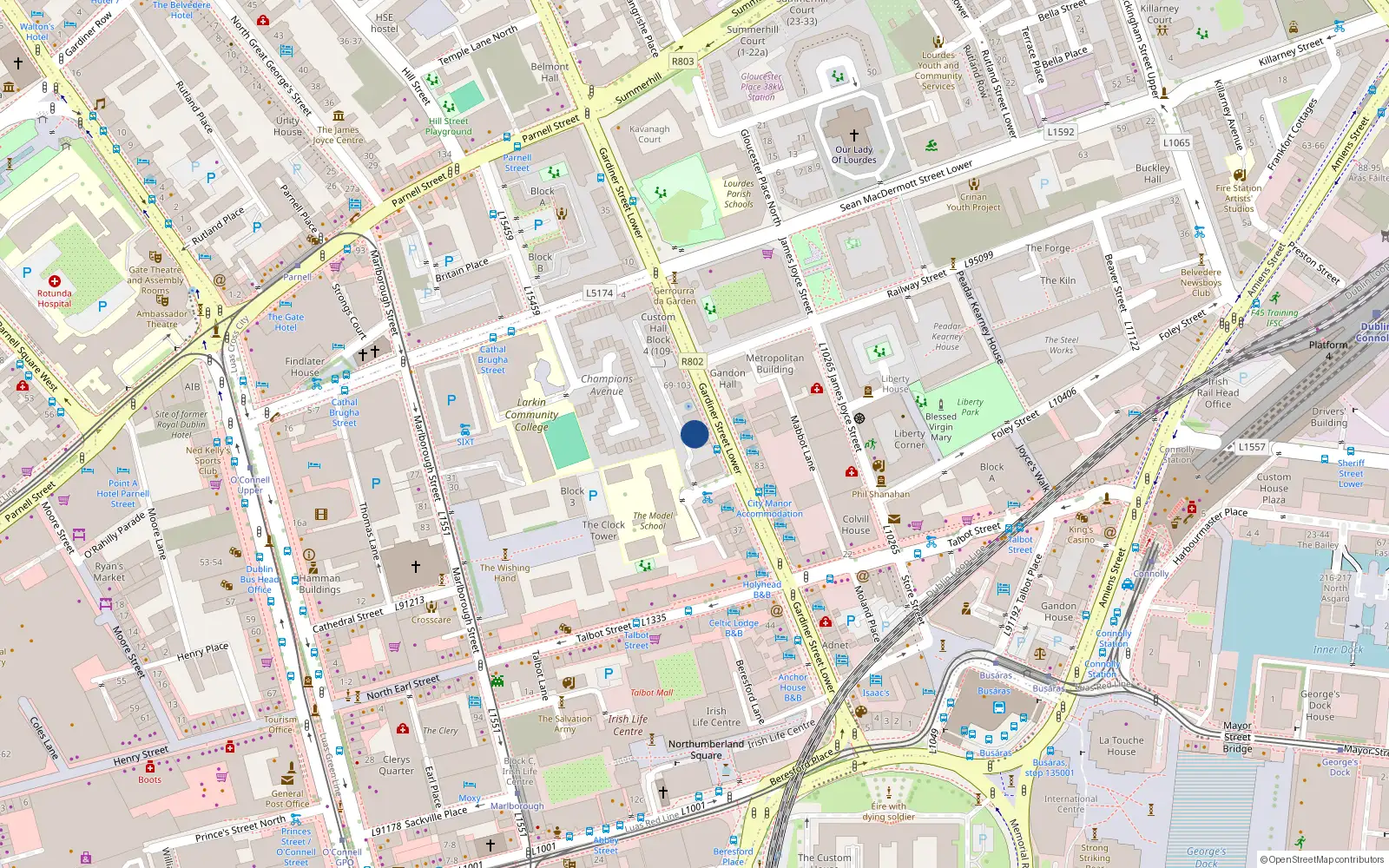 Overhead map showing the location of 35 Custom Hall, Gardiner St, Dublin 1