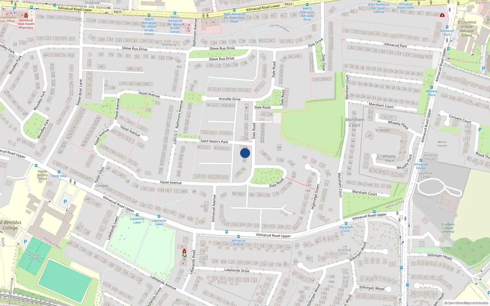 Overhead map showing the location of 35 Dale Road, Dublin