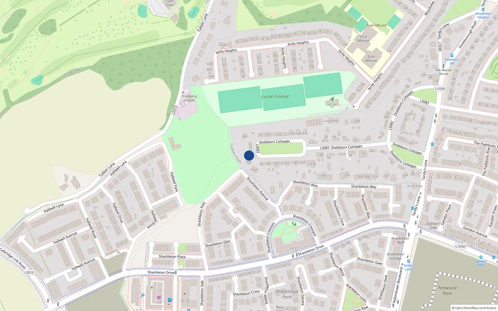 Overhead map showing the location of 35 Dodsborough Cottages, Lucan