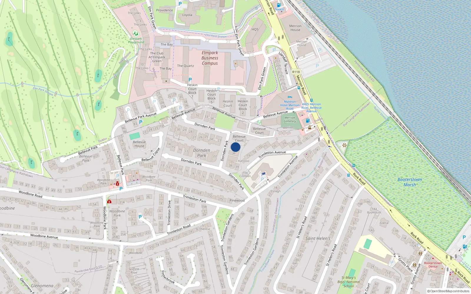 Overhead map showing the location of 35 Dornden Park, Blackrock, Dublin
