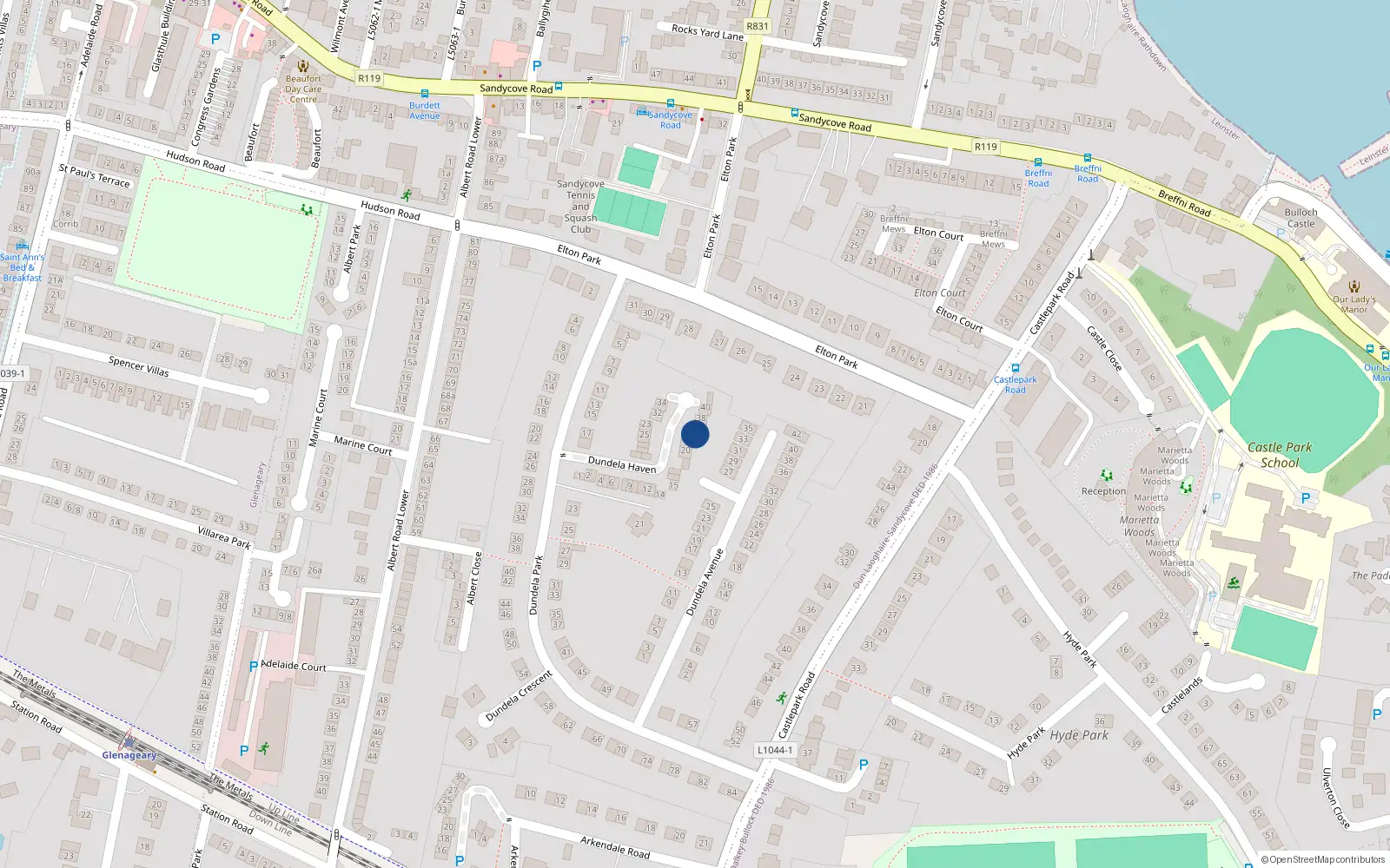 Overhead map showing the location of 35 Dundela Haven, Sandycove, Dublin