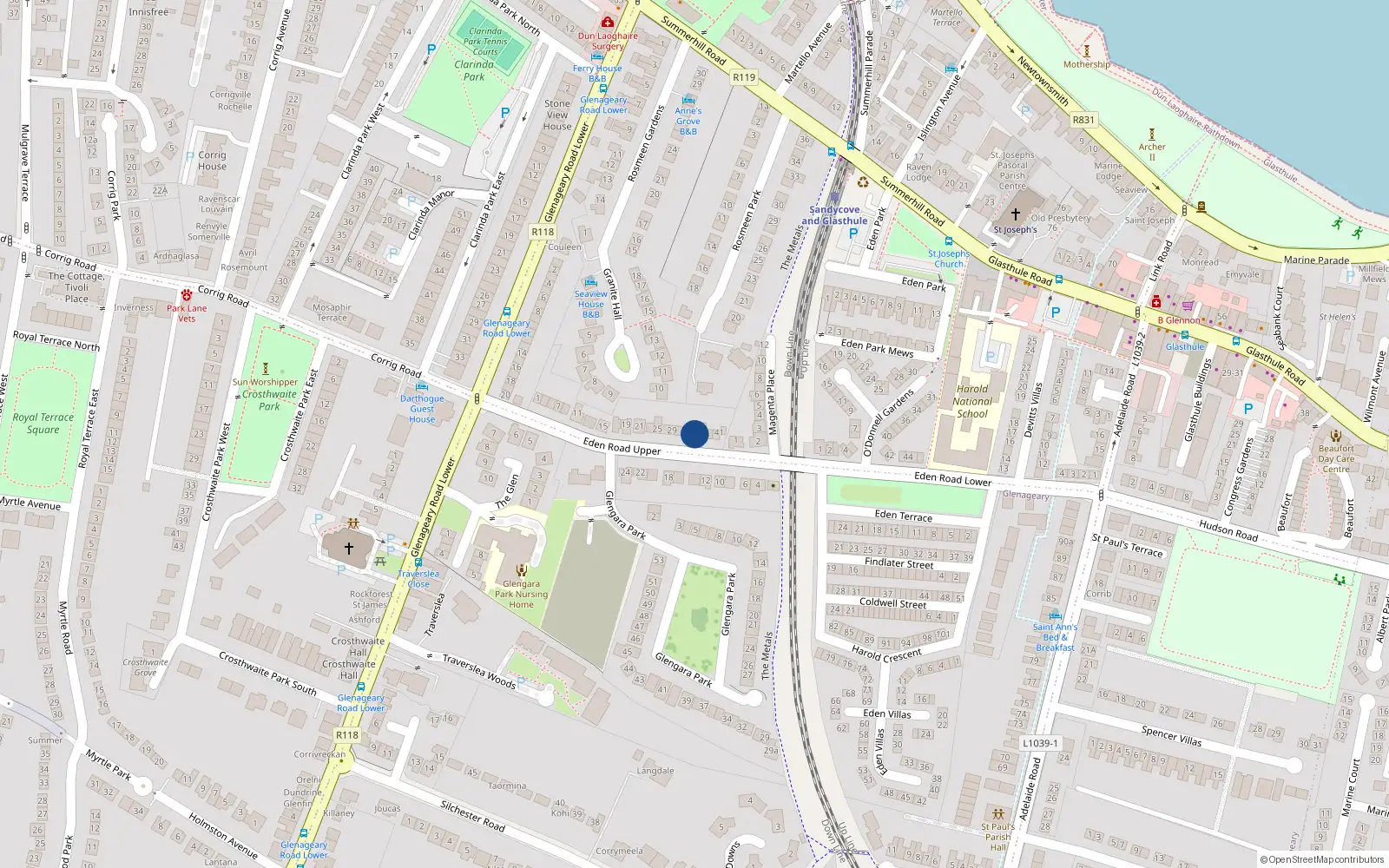 Overhead map showing the location of 35 Eden Road Upper, Glenageary, Co Dublin