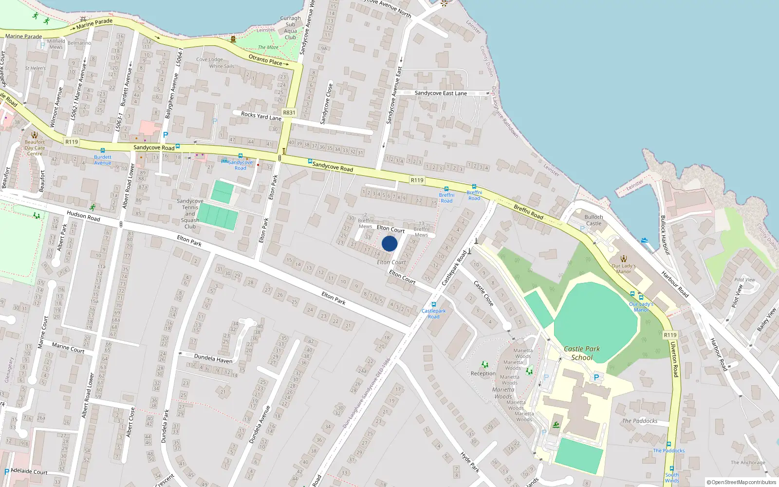 Overhead map showing the location of 35 Elton Court, Castle Park Road, Sandycove