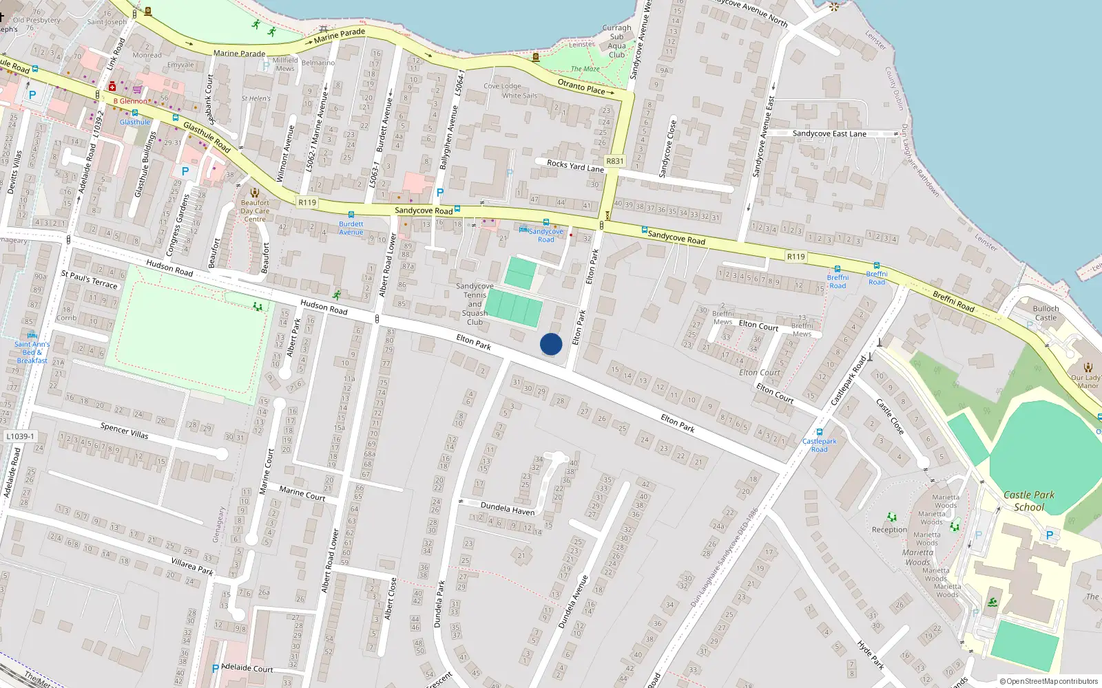 Overhead map showing the location of 35 Elton Park, Sandycove, Dublin