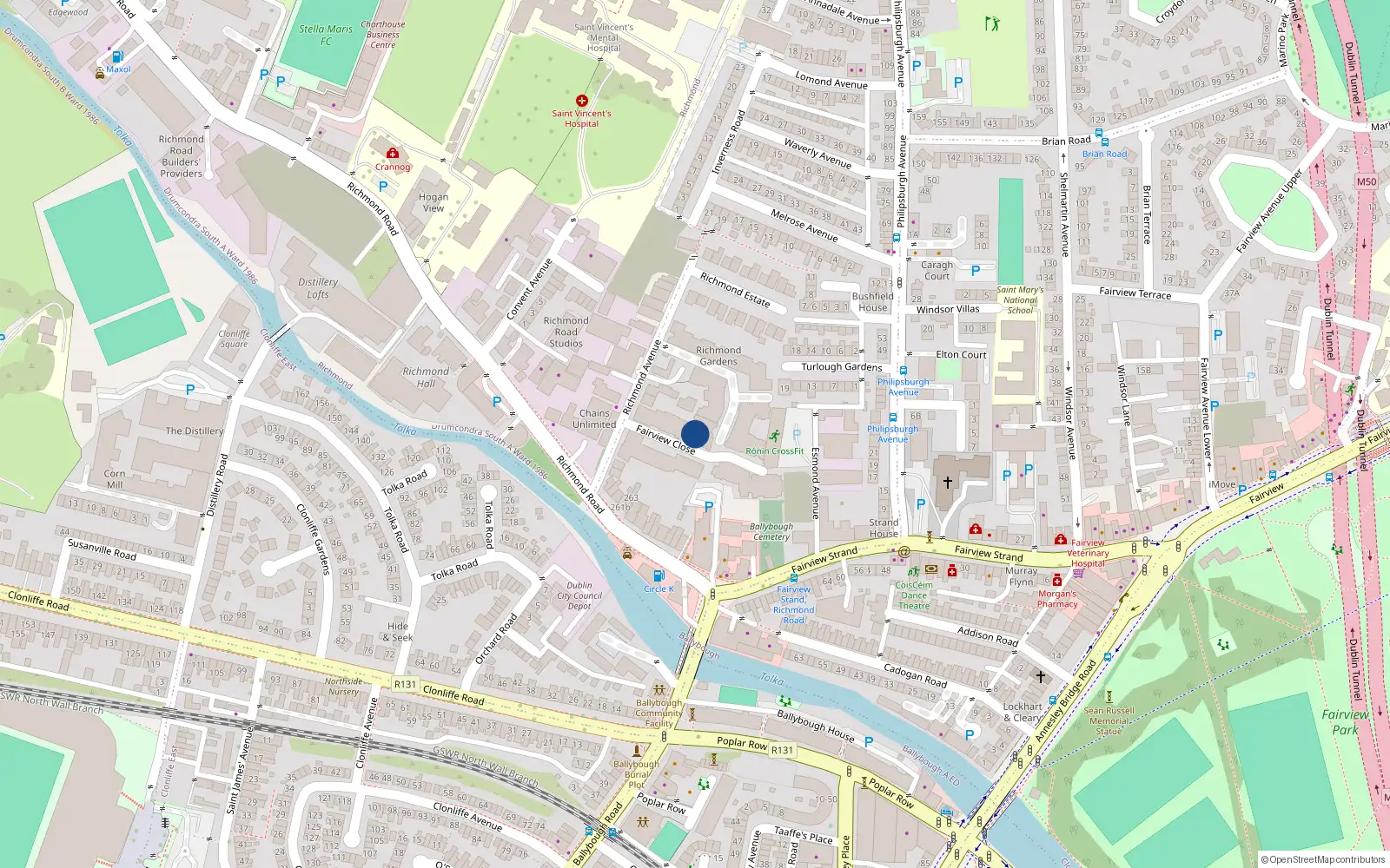 Overhead map showing the location of 35 Fairview Close, Richmond Avenue, Fairview Dublin 3