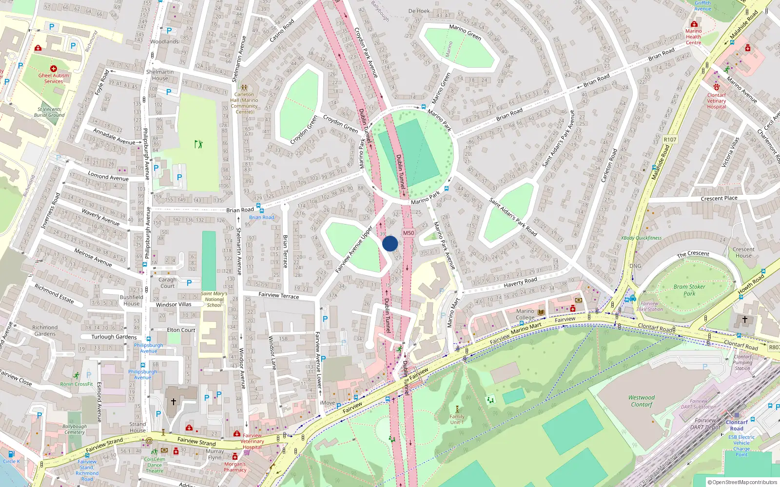Overhead map showing the location of 35 Fairview Green, Fairview, Dublin 3