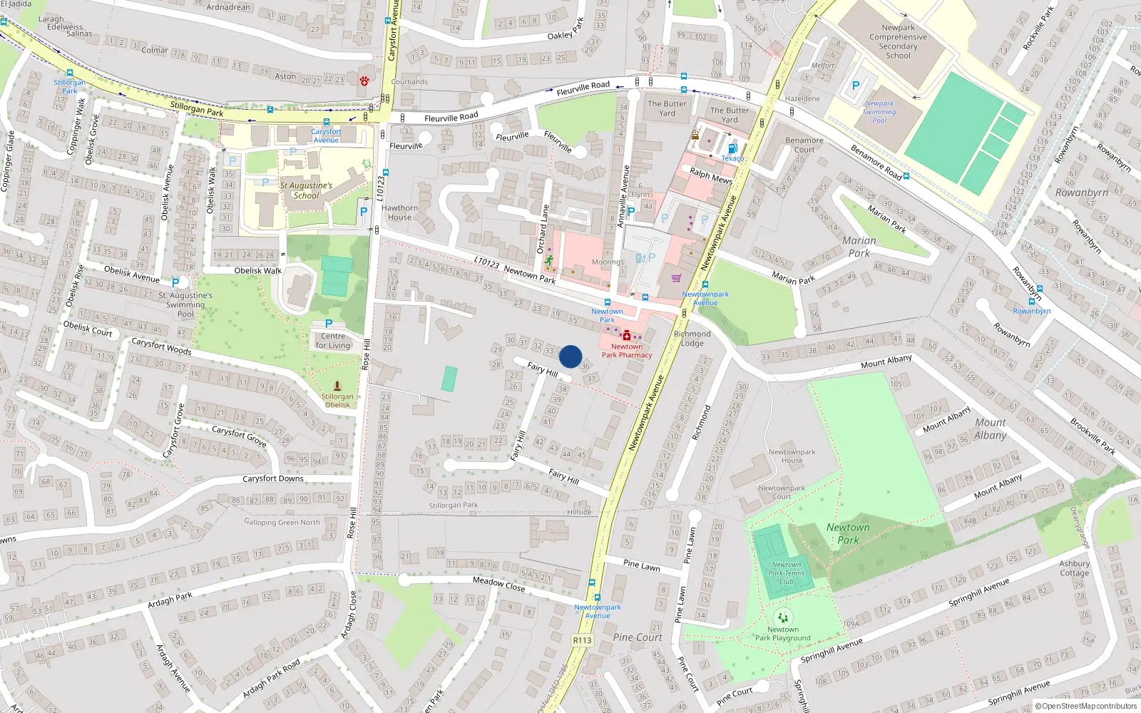 Overhead map showing the location of 35 Fairyhill, Blackrock, Dublin