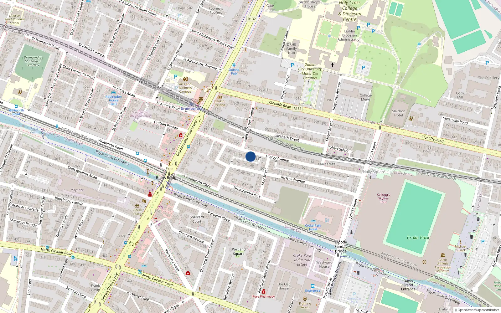 Overhead map showing the location of 35 Fitzroy Avenue, Drumcondra, Dublin 3