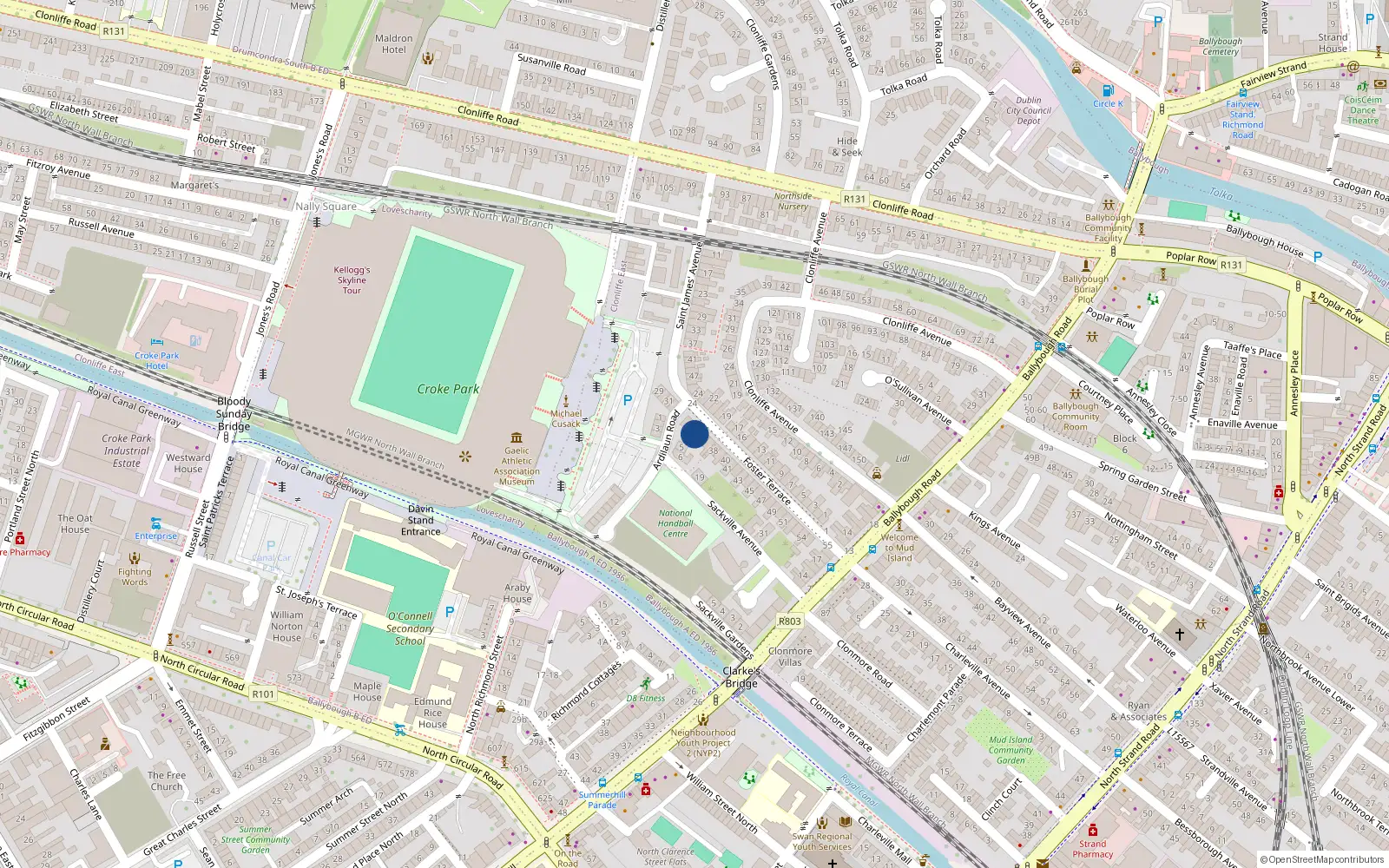 Overhead map showing the location of 35 Foster Terrace, Ballybough, Dublin 3