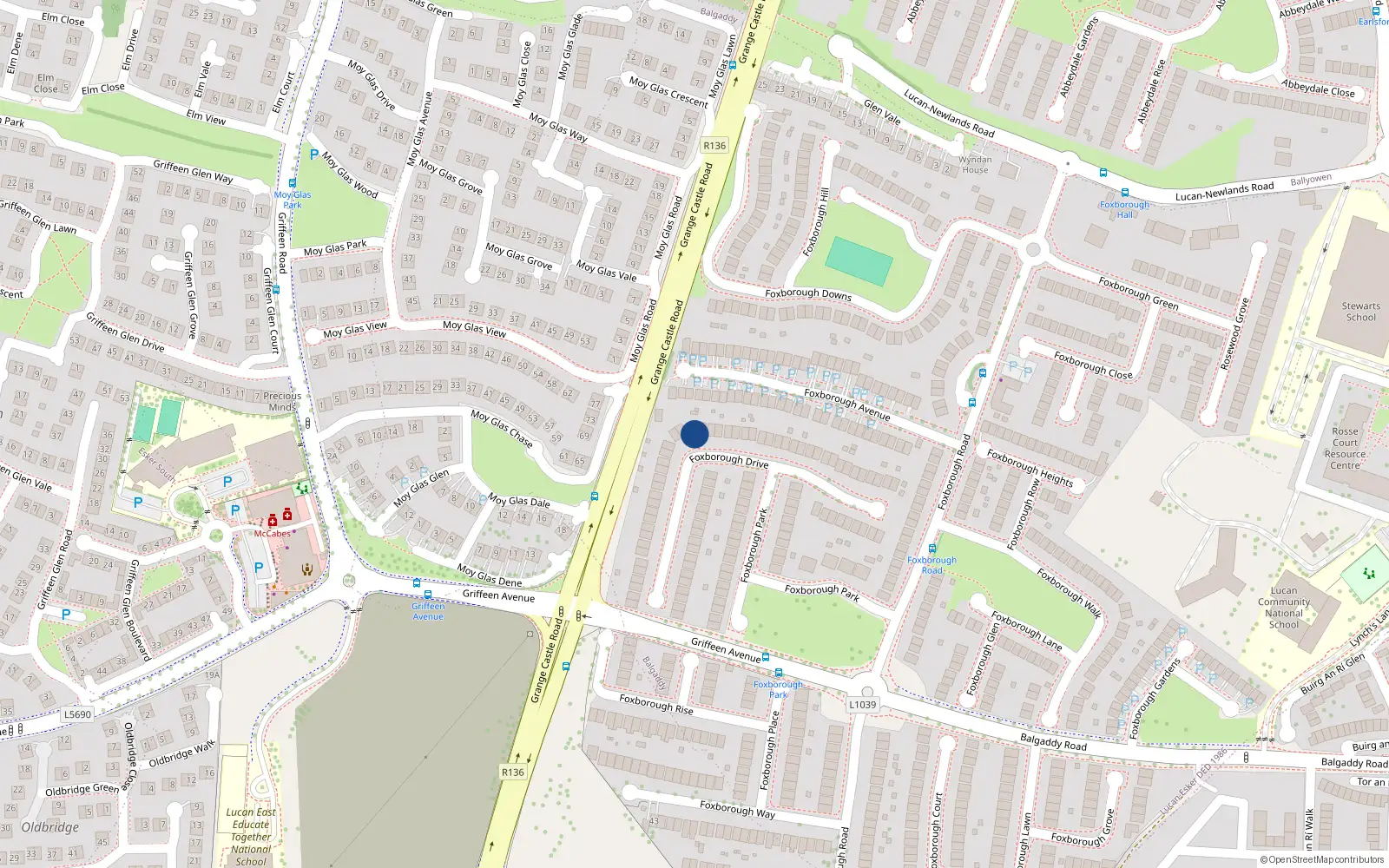 Overhead map showing the location of 35 Foxborough Drive, Lucan, Dublin