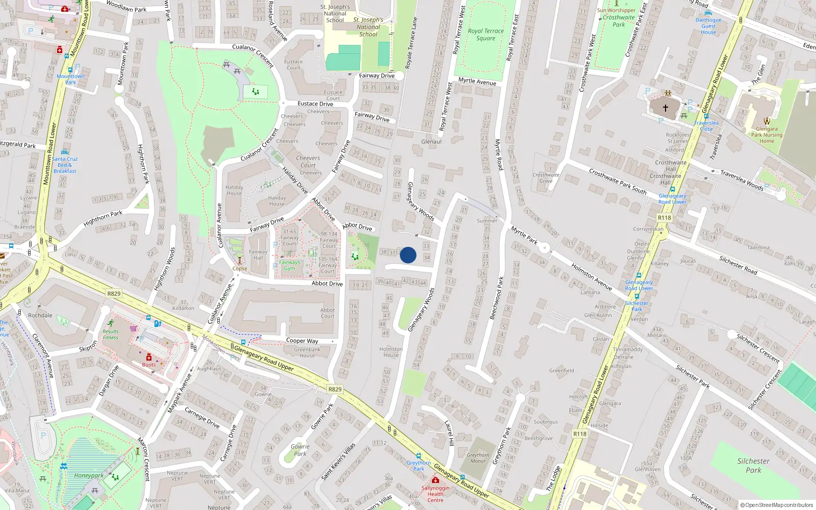 Overhead map showing the location of 35 Glenageary Woods, Glenageary, Dublin