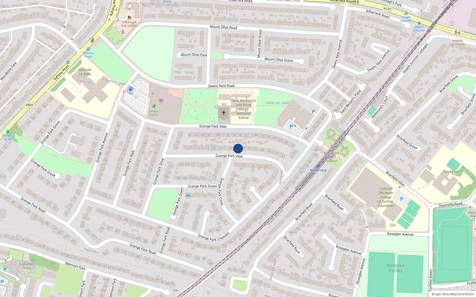 Overhead map showing the location of 35 Grange Park Rise, Raheny, Dublin 5