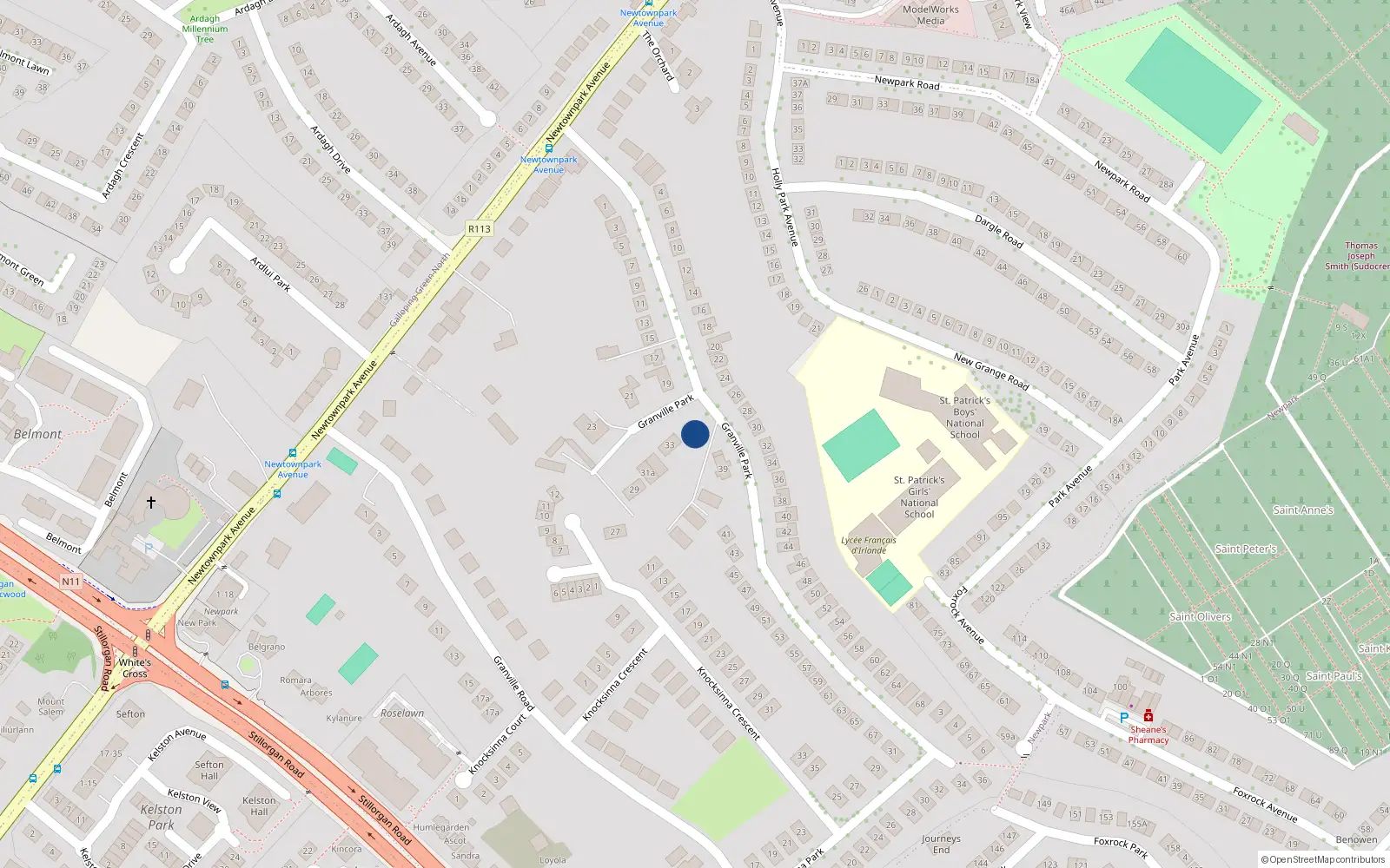 Overhead map showing the location of 35 Granville Park, Blackrock