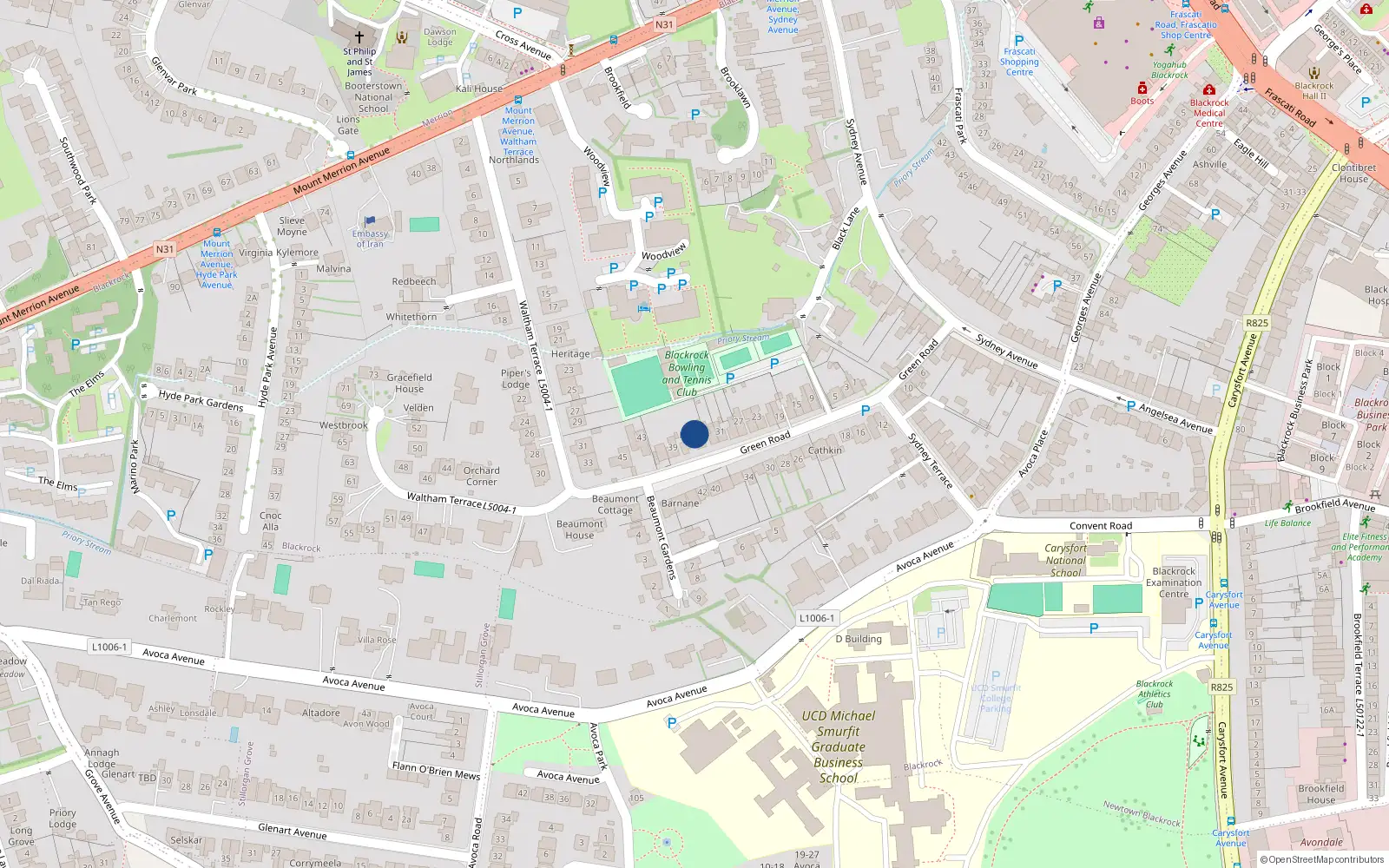 Overhead map showing the location of 35 Green Road, Blackrock
