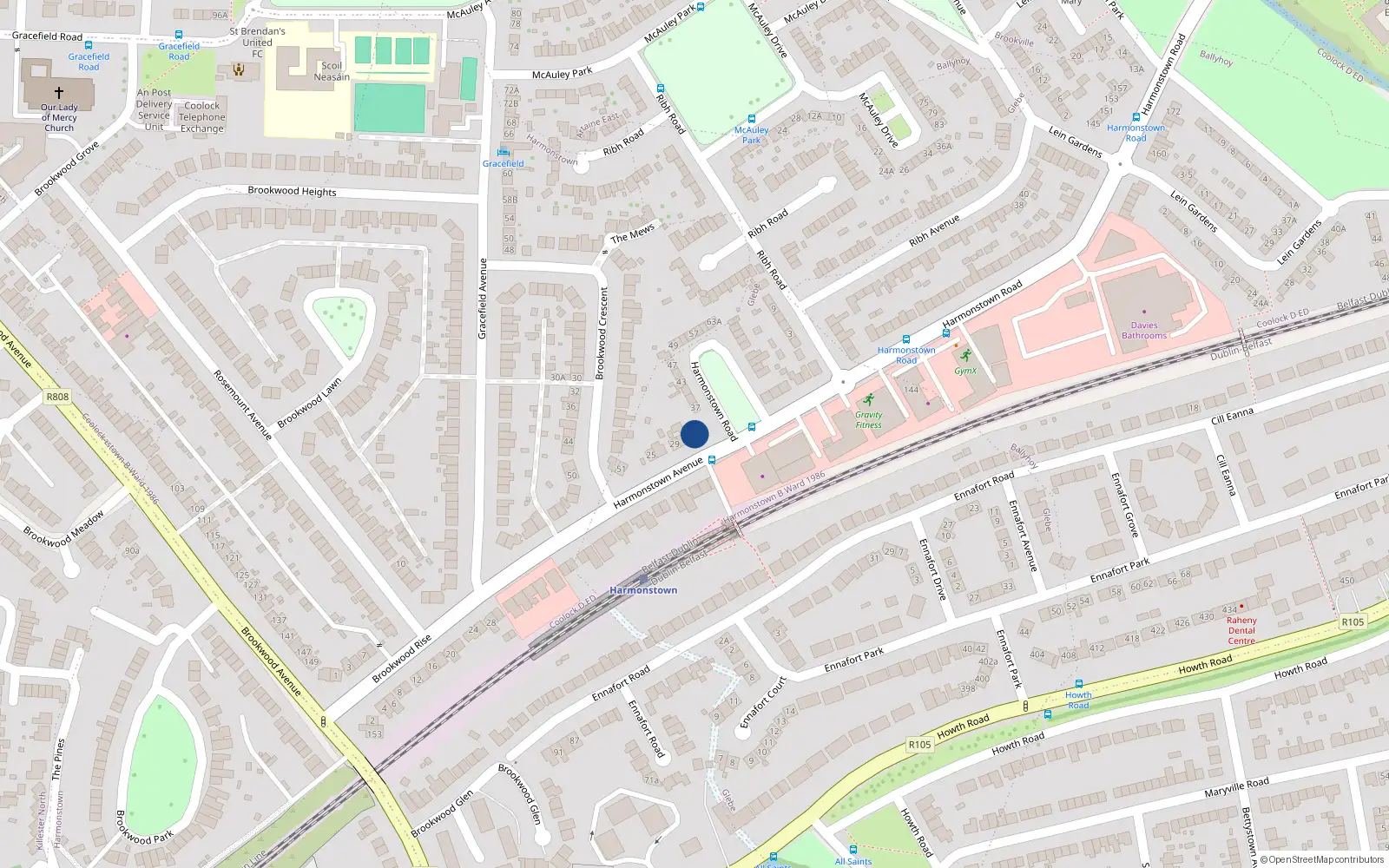 Overhead map showing the location of 35 Harmonstown Road, Dublin 5
