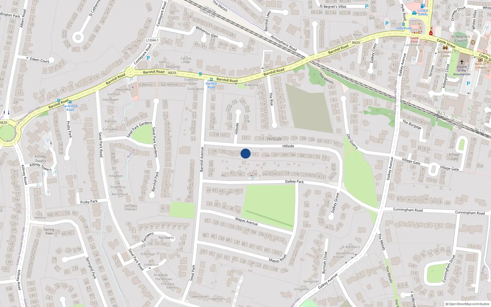 Overhead map showing the location of 35 Hillside, Dalkey, Dublin