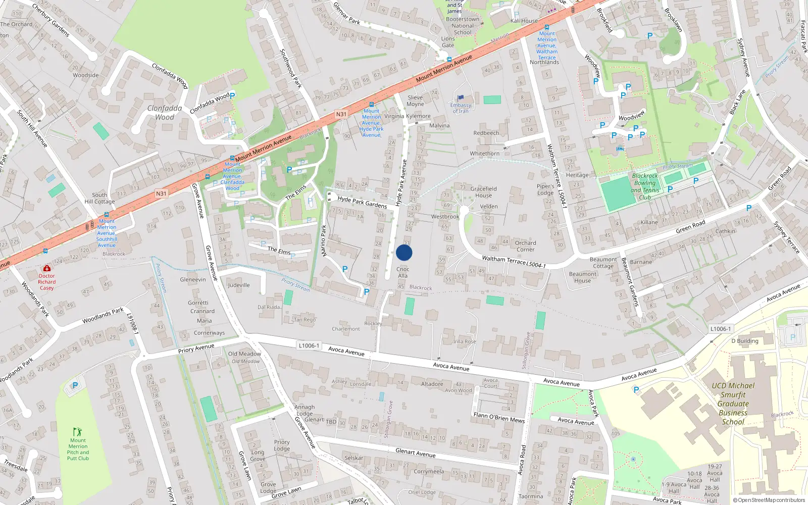 Overhead map showing the location of 35 Hyde Park Avenue, Blackrock, Co Dublin