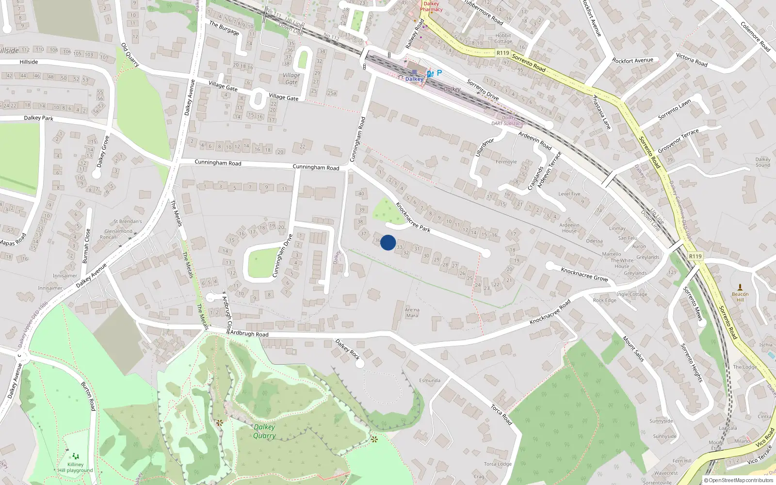 Overhead map showing the location of 35 Knock-Na-Cree Park,, Dublin