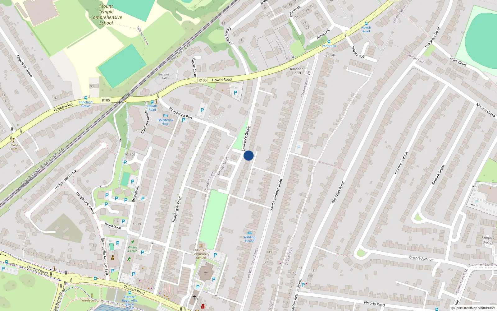 Overhead map showing the location of 35 Lawrence Grove, Clontarf, Dublin 3