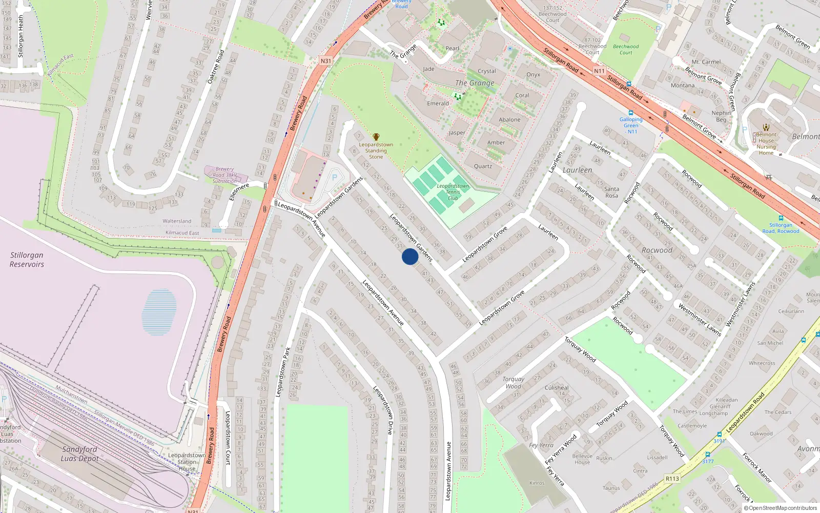 Overhead map showing the location of 35 Leopardstown Gardens, Dublin