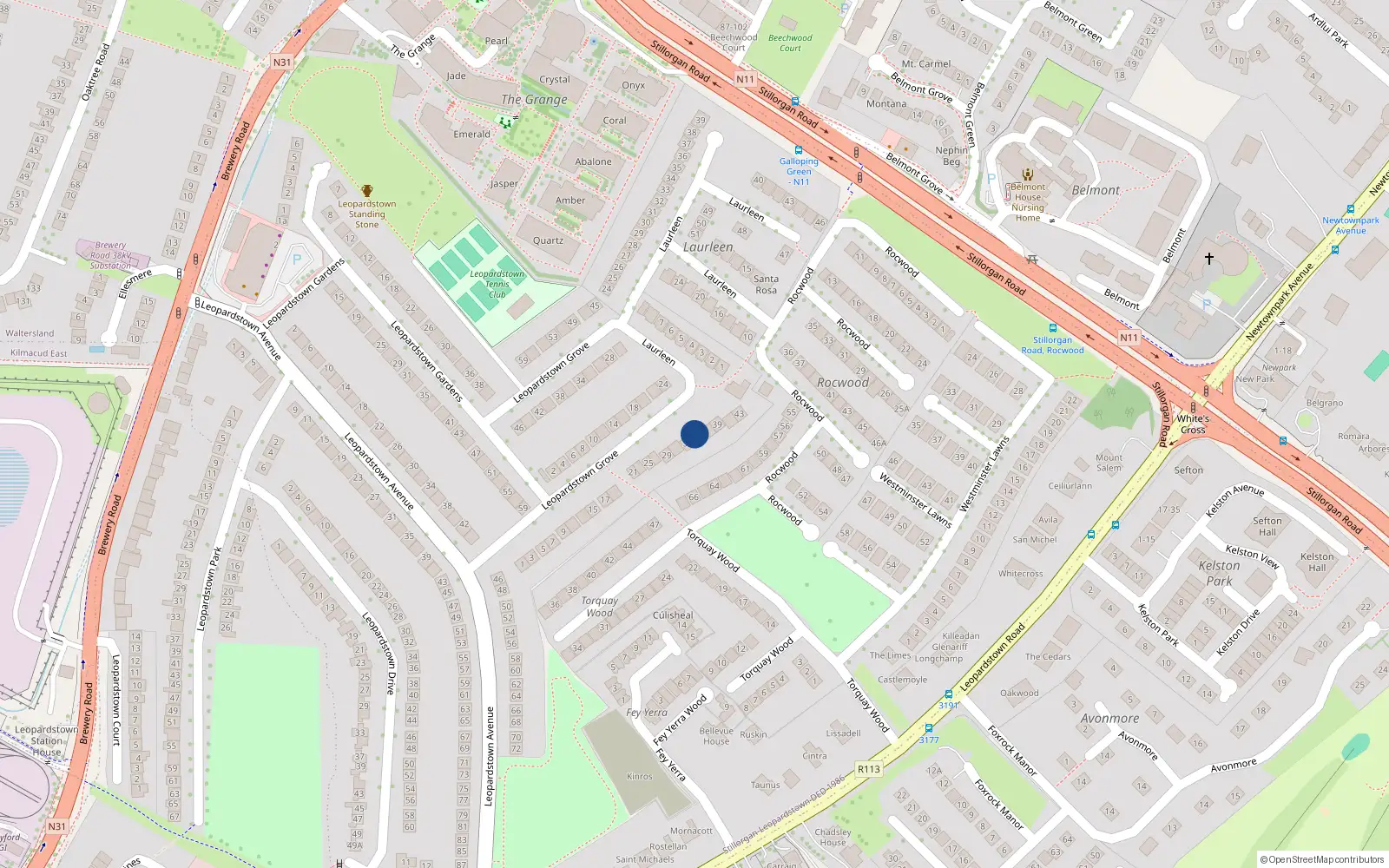 Overhead map showing the location of 35 Leopardstown Grove, Dublin