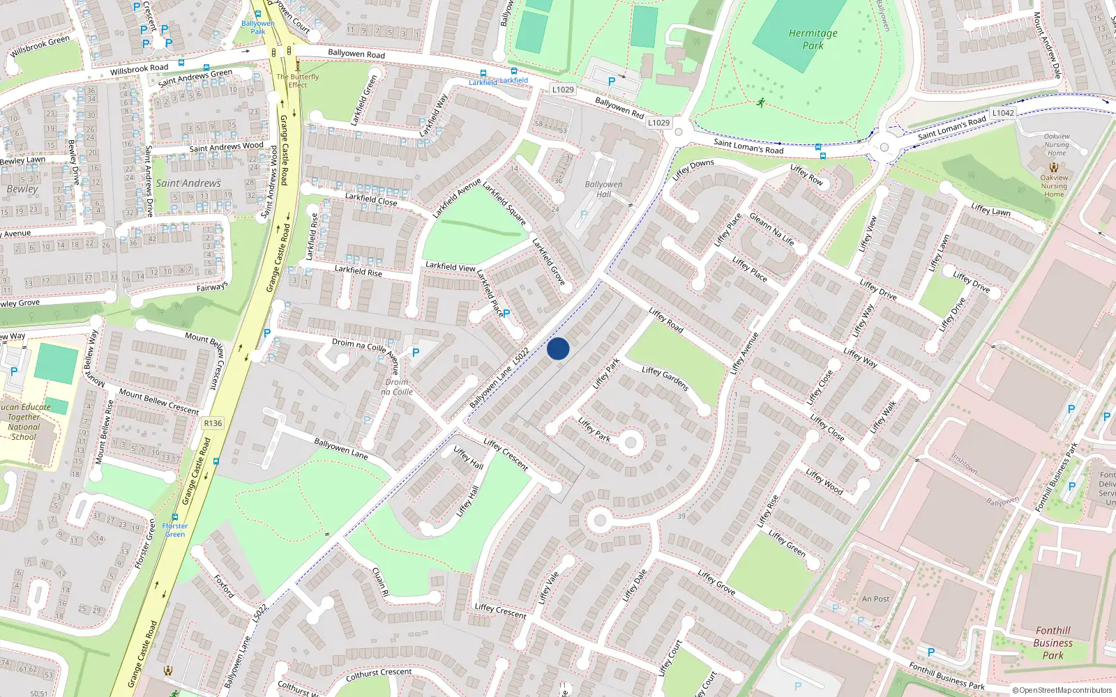Overhead map showing the location of 35 Liffey Terrace, Liffey Valley Park, Lucan