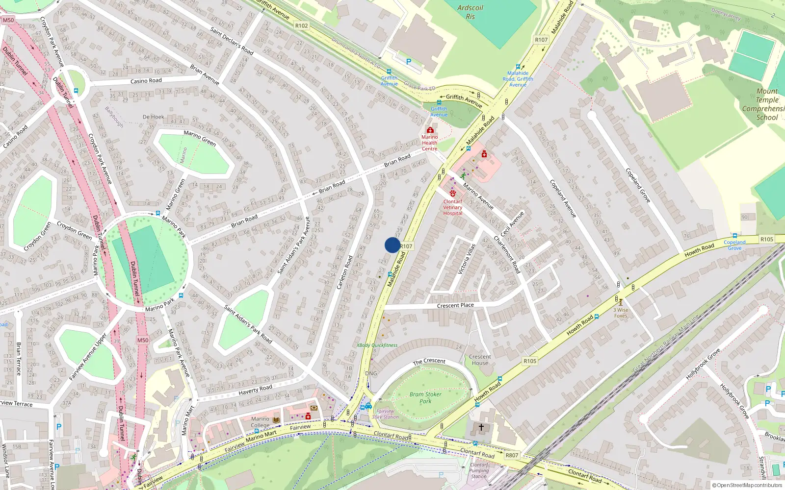 Overhead map showing the location of 35 Malahide Road, Clontarf, Dublin 3