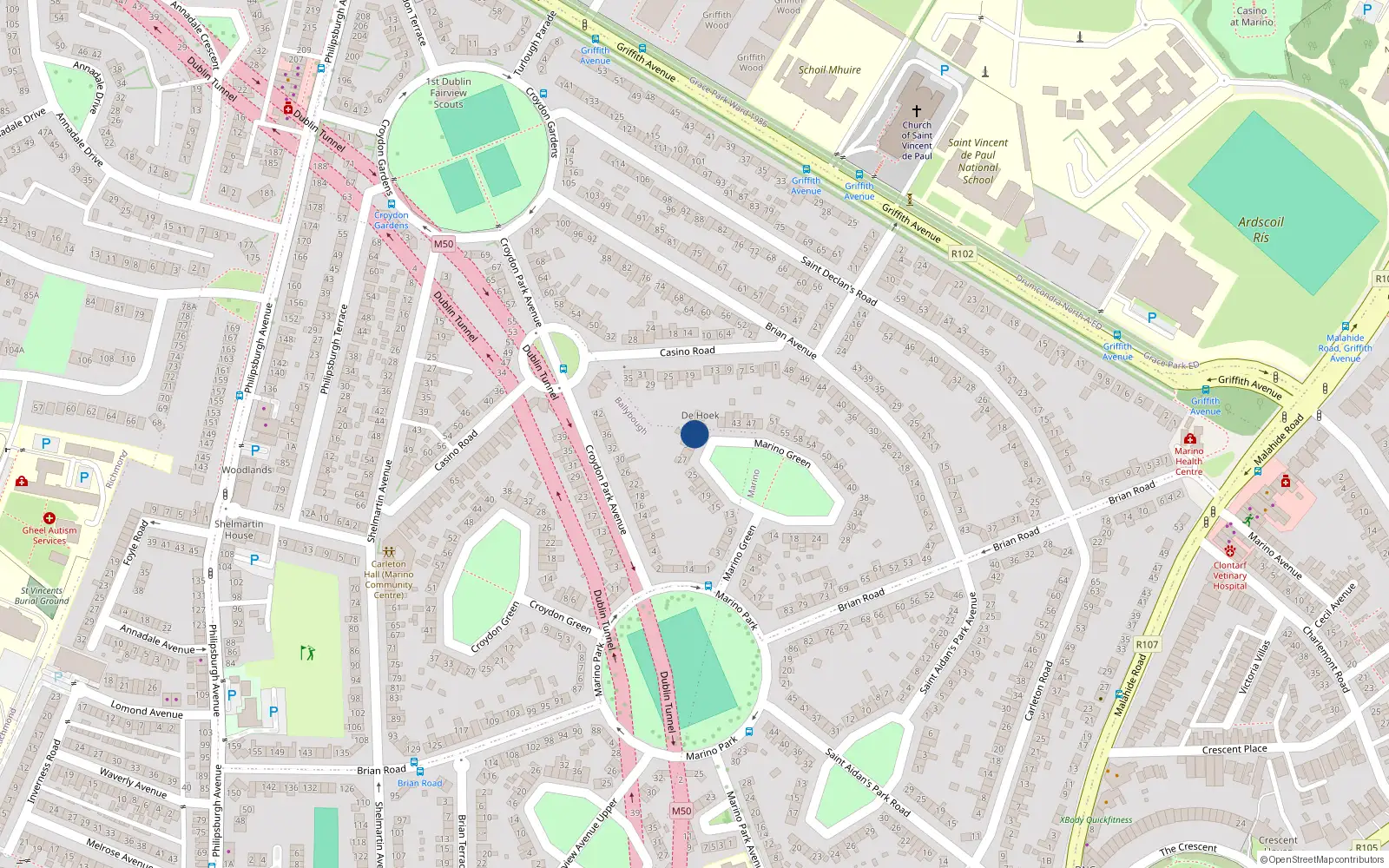 Overhead map showing the location of 35 Marino Green, Fairview, Dublin 3