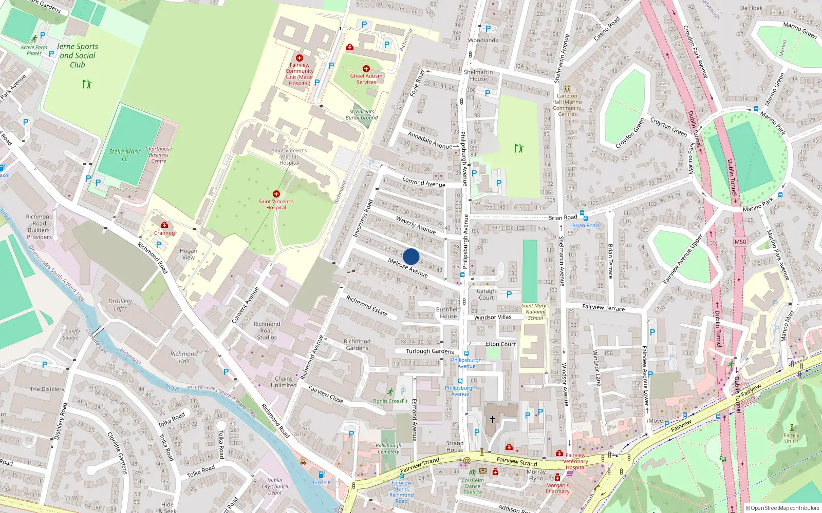 Overhead map showing the location of 35 Melrose Avenue, Dublin 3
