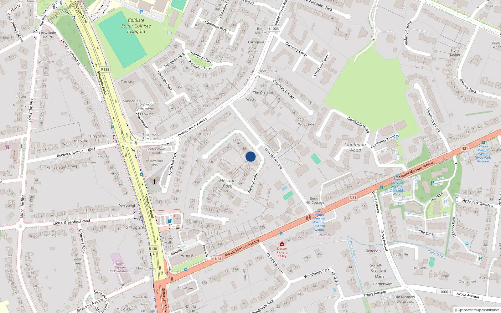 Overhead map showing the location of 35 Merrion Park, Hill Avenue South, Blackrock