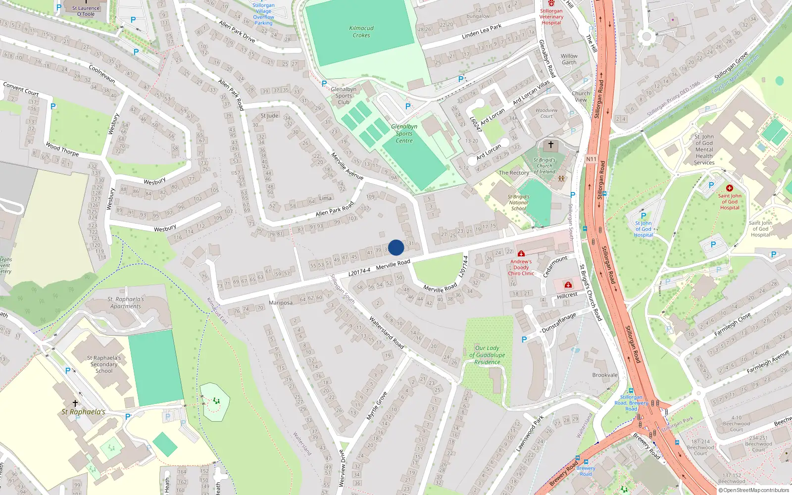 Overhead map showing the location of 35 Merville Road, Stillorgan, Blackrock