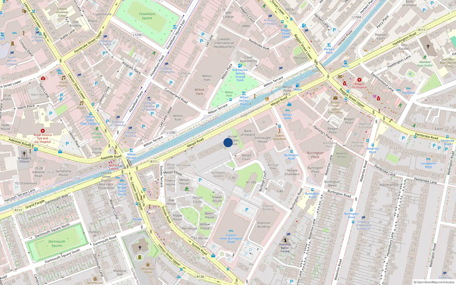 Overhead map showing the location of 35 Mespil Road, Dublin