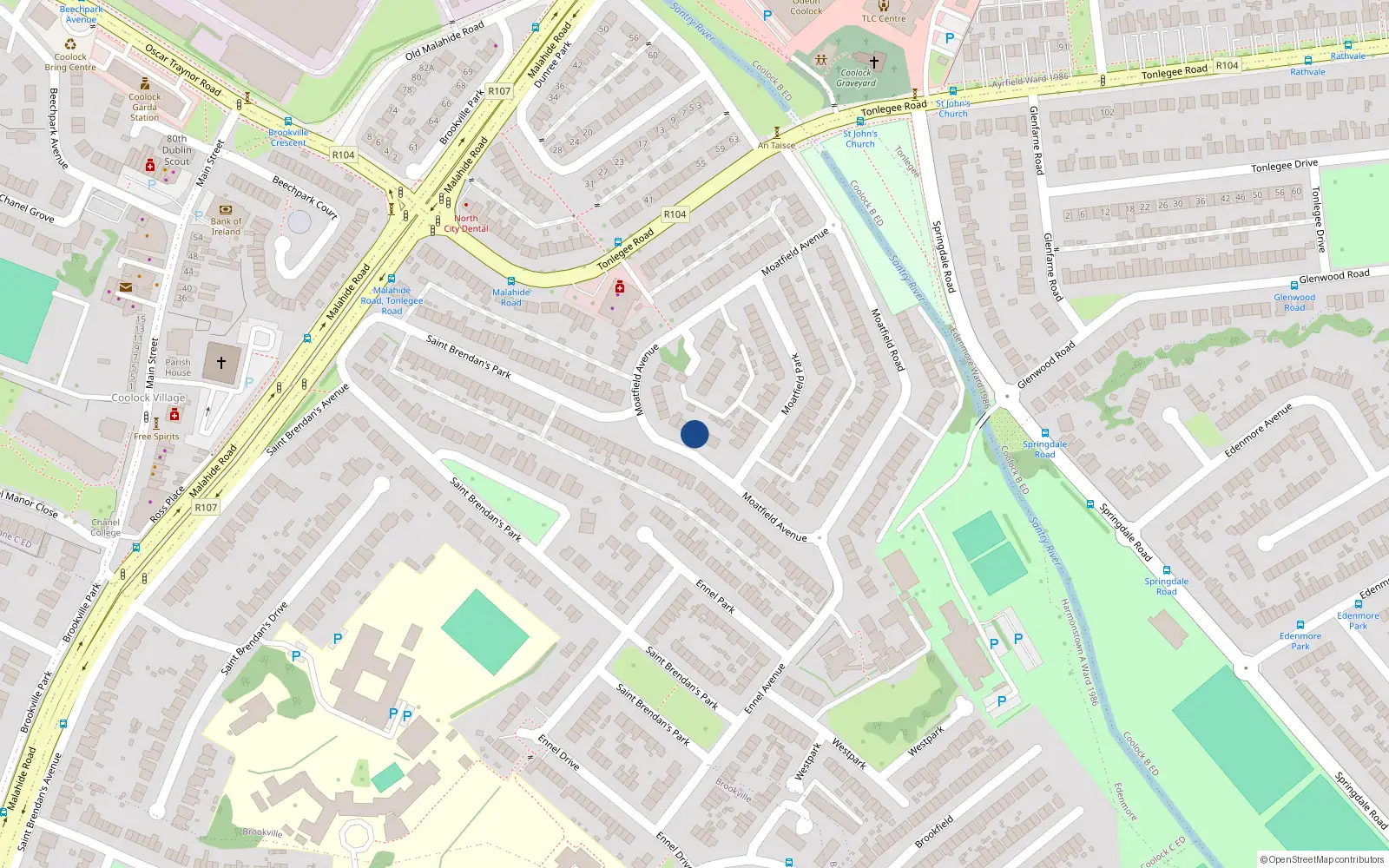 Overhead map showing the location of 35 Moatfield Avenue, St Brendans Estate, Coolock Dublin 5