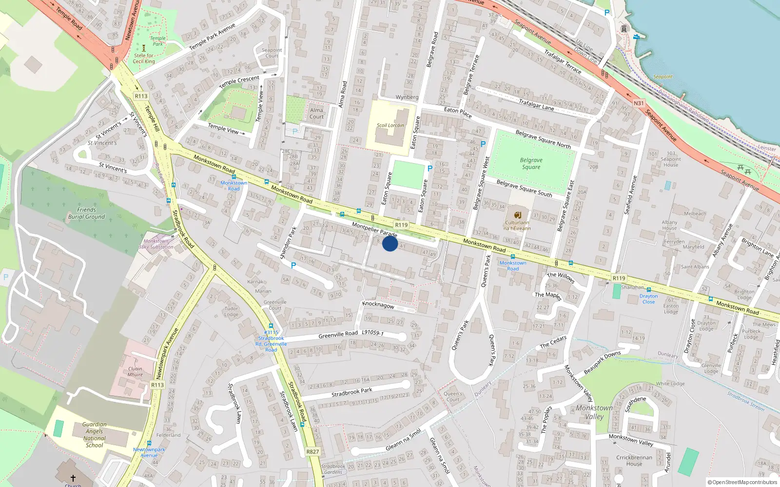 Overhead map showing the location of 35 Montpelier Parade, Monkstown
