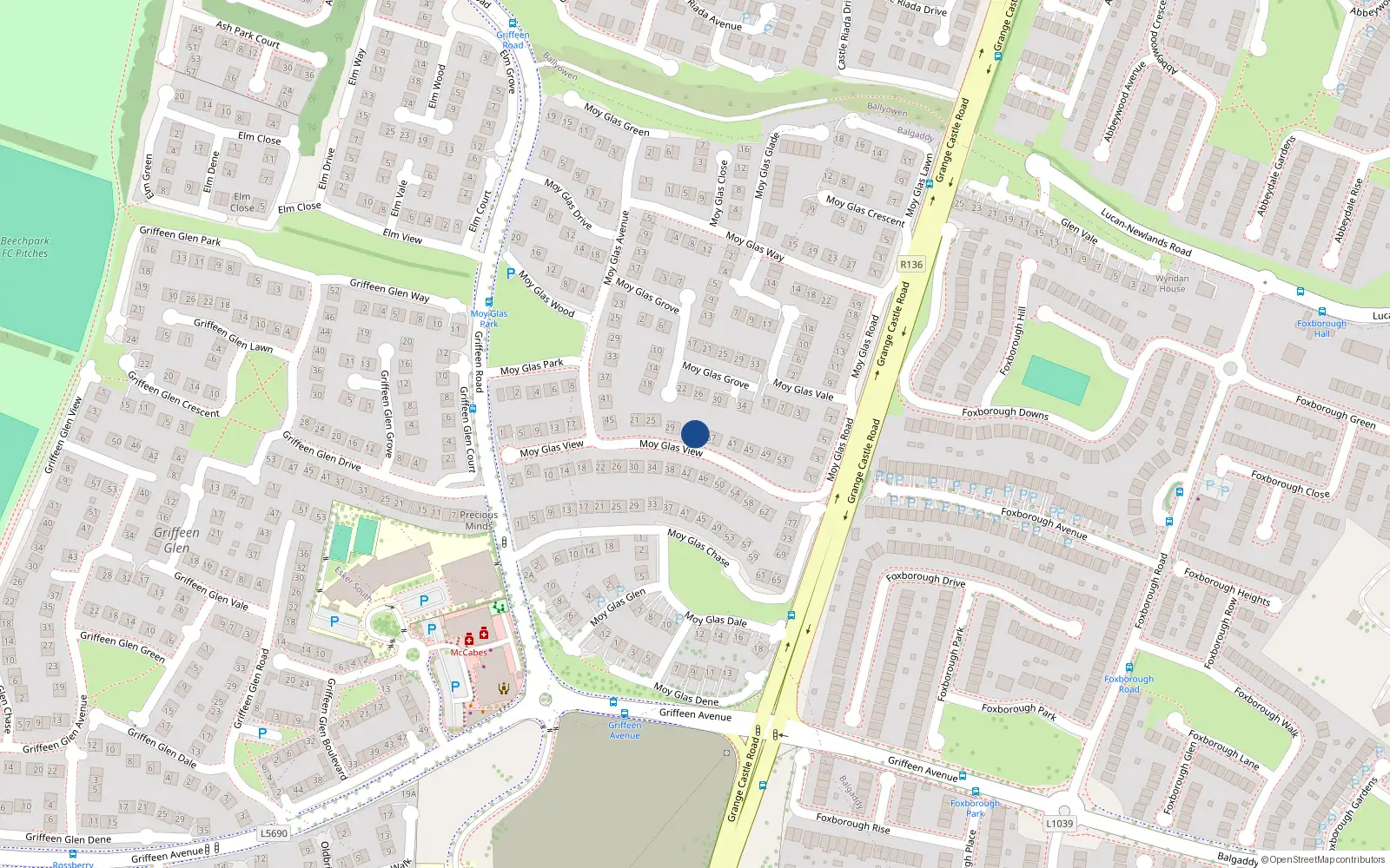 Overhead map showing the location of 35 Moyglas View, Lucan, Dublin