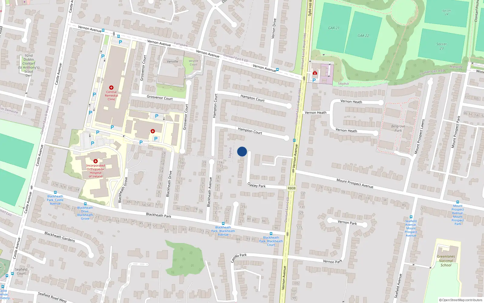 Overhead map showing the location of 35 Oakley Park, Clontarf, Dublin 3