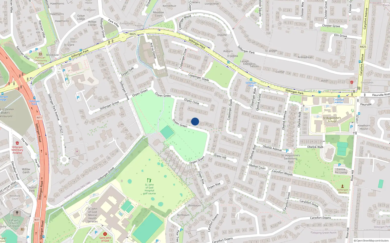 Overhead map showing the location of 35 Orpen Green, Blackrock